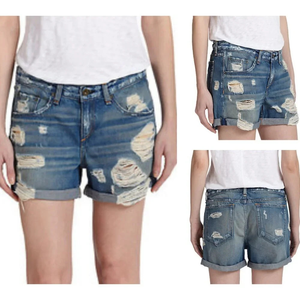 Rag & Bone Blue Distressed Denim Boyfriend Shorts - 27330